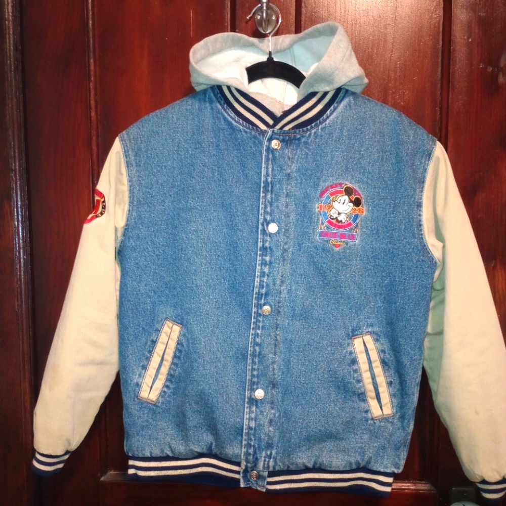 Vintage 90s Mickey Mouse Denim and Cream Varsity Jacket